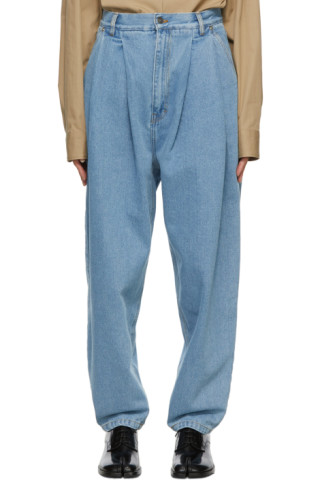 Hed Mayner: Blue Pleated Denim Jeans | SSENSE