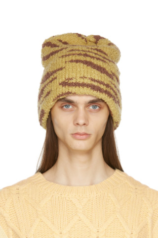 The Elder Statesman: Yellow & Brown Cashmere Tiger Beanie | SSENSE Canada