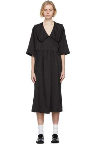 Black Smocked Satin Midi Dress by GANNI on Sale