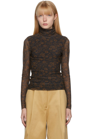 GANNI: Black & Brown Printed Mesh Turtleneck | SSENSE