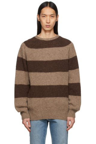 YMC: Brown & Taupe Lambswool Suedehead Sweater | SSENSE UK