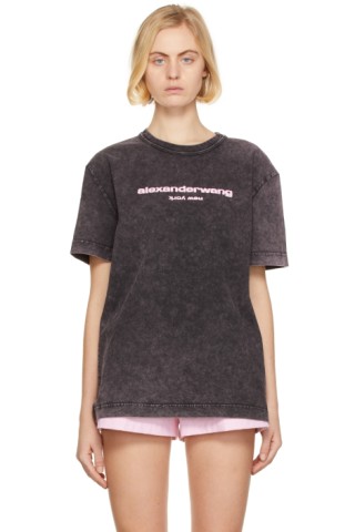 Alexander Wang: Black & Pink Acid Wash Puff Logo T-Shirt | SSENSE