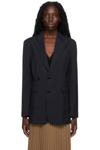MM6 Maison Margiela: ネイビー ピンストライプ テーラードジャケット MM6 Maison Margiela: ネイビー ピンストライプ テーラードジャケット