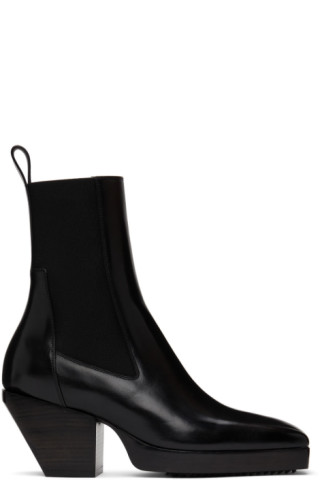Black Leather Heeled Sliver Boots by Rick Owens on Sale