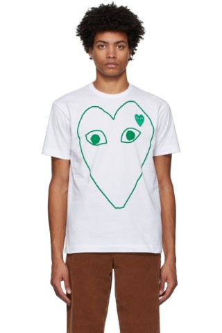 Comme des Garçons Play: White & Green Outline Heart T-Shirt | SSENSE