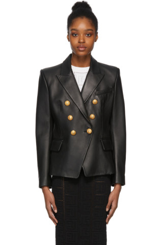 Black Six-Button Leather Jacket by Balmain Sale