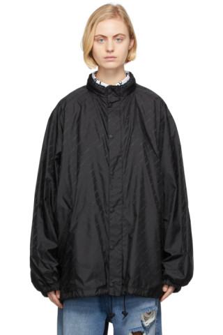Black Allover Logo Rain Jacket by Balenciaga on Sale