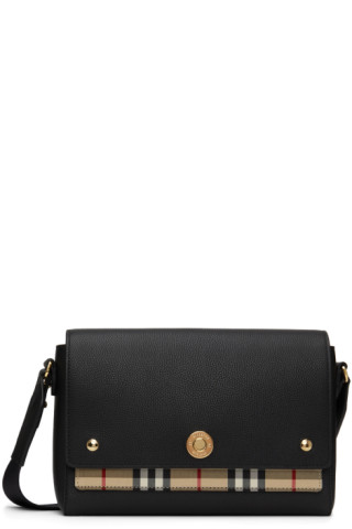 Burberry Leather and Vintage Check Note Crossbody Bag- Black