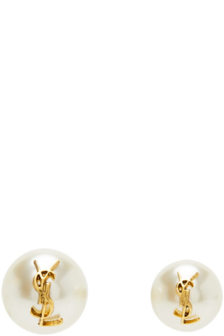 Saint Laurent: Gold Asymmetric Pearl Stud Earrings | SSENSE