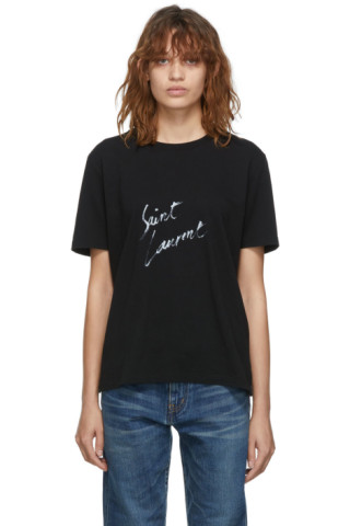 Saint Laurent: Black Signature Logo T-Shirt | SSENSE