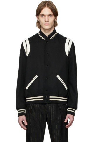 Saint Laurent: Black Wool Teddy Bomber Jacket | SSENSE