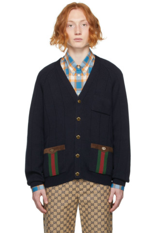 Gucci: Navy Wool Web Cardigan | SSENSE