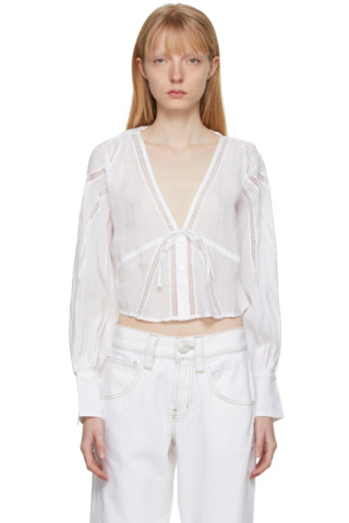 White Lace Inset Empire Blouse by FRAME on Sale
