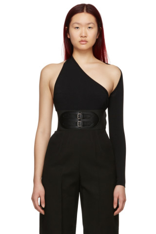 ALAÏA: Black Asymmetric Long Sleeve Bodysuit | SSENSE