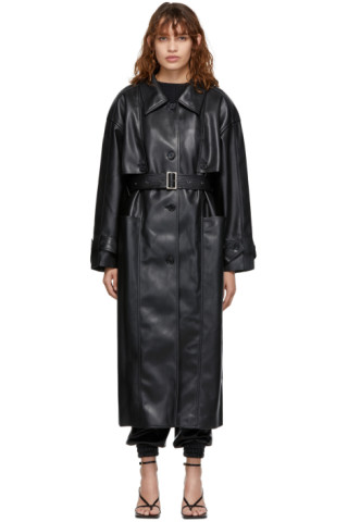DRAE: Black Faux-Leather Trench Coat | SSENSE UK