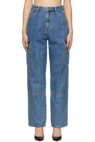 Blue Baggy Boyfriend Cargo Jeans by DRAE on Sale