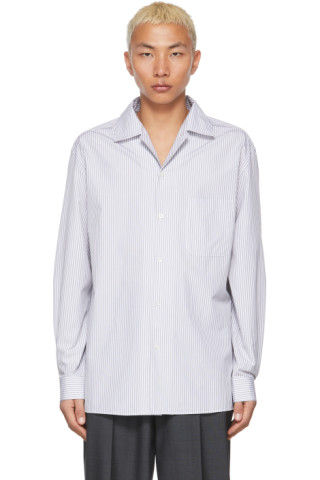 White Stripe Convertible Collar Shirt by LEMAIRE on Sale