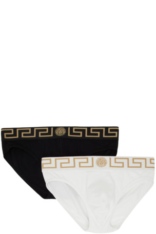 Two-Pack Black & White Greca Border Briefs by Versace Underwear on Sale