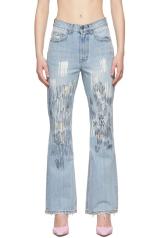 TheOpen Product: Blue Embroidered Bleeched Jeans | SSENSE