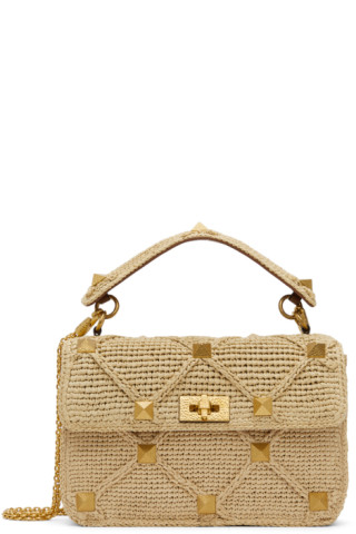 Beige Raffia Roman Stud Shoulder Bag by Valentino Garavani on Sale