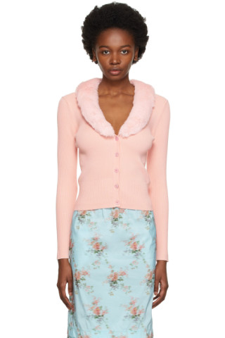 Blumarine: Pink Faux Fur Cardigan | SSENSE