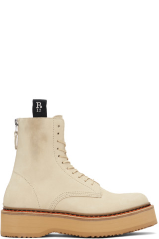 R13: Beige Suede Single Stack Lace-Up Boots | SSENSE