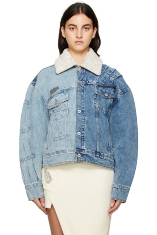 Blue Pleated Denim Jacket by Feng Chen Wang on Sale