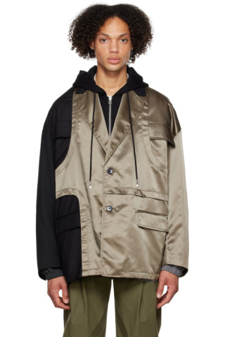 Khaki & Black Paneled Blazer by Feng Chen Wang on Sale