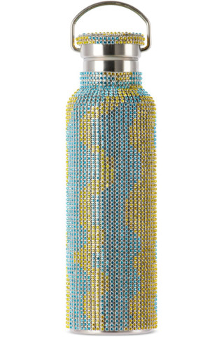 Collina Strada- Rhinestone Water Bottle: Blue/ Teal Checkered
