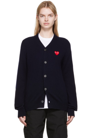 Comme des Garçons Play: Navy & Red Heart Patch Cardigan | SSENSE