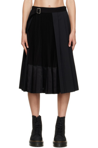 Junya Watanabe: Black Pleated Midi Skirt | SSENSE