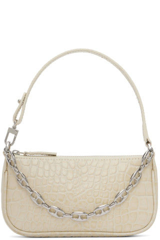 BY FAR Mini Croc-Embossed Leather Top-Handle Bag, Cream