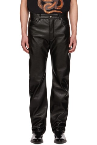 Black Straight-Leg Faux-Leather Trousers by LU'U DAN on Sale