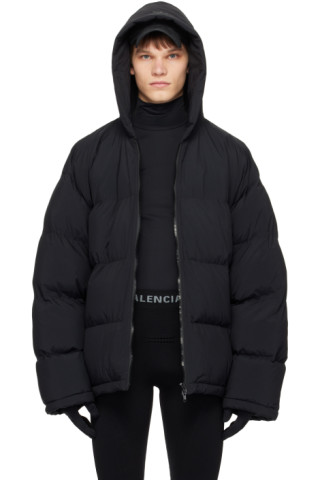 Balenciaga: Black Sporty B Hooded Puffer Jacket | SSENSE