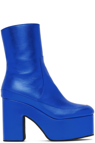 Blue Leather Boots by Dries Van Noten on Sale