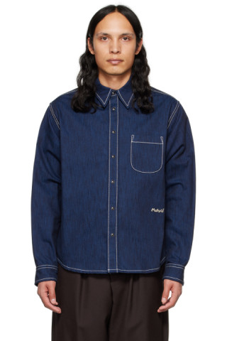 Marni: Blue Embroidered Denim Shirt | SSENSE