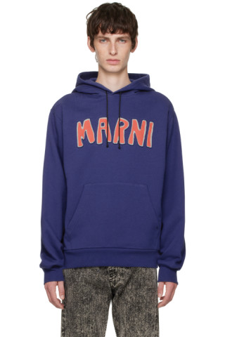 Marni: Navy Faux-Fur Hoodie