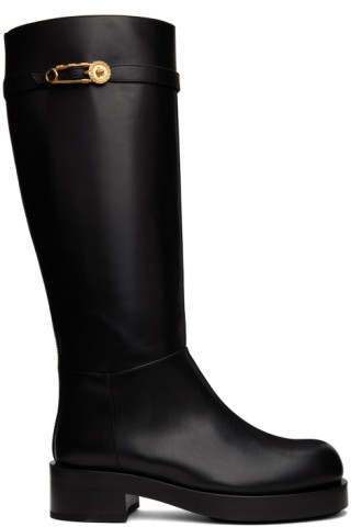 Black Safety Pin Tall Boots by Versace on Sale