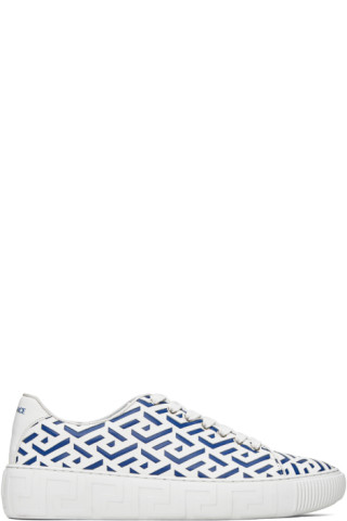 Versace - White & Blue Greca Sneakers