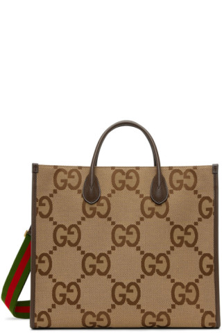 GUCCI GG Jumbo leather-trimmed canvas-jacquard tote