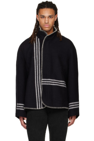 Black Engineered Stripe Blanket Jacket by 3MAN on Sale