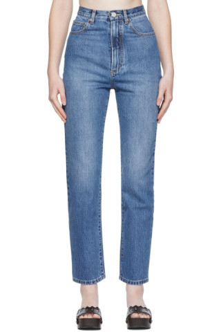 ALAÏA: Blue High-Waist Straight Jeans | SSENSE