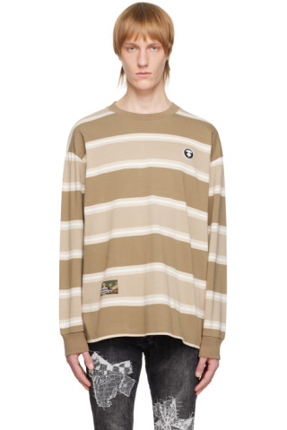 AAPE by A Bathing Ape: Beige Striped Long Sleeve T-Shirt | SSENSE