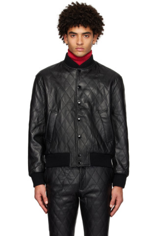 Black Quilted Leather Bomber Jacket by Ernest W. Baker on Sale