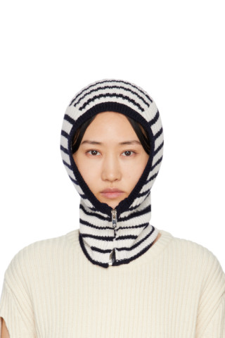 Black & White Stripe Zip Up Balaclava by OPEN YY on Sale