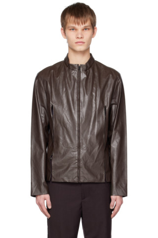 OPEN YY: SSENSE Exclusive Brown Slit Faux-Leather Jacket | SSENSE
