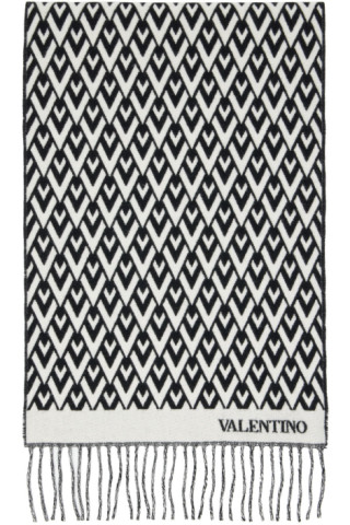 Valentino Garavani: Black & White V Rhombus Wool Scarf | SSENSE