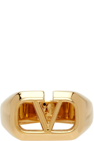 V Logo Embellished Ring in Gold - Valentino