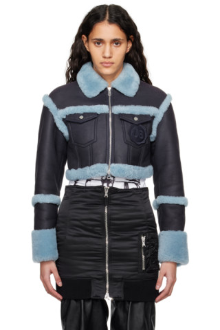 J6: Navy Cropped Faux-Shearling Jacket | SSENSE