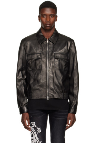 AMIRI: Black Embroidered Collar Leather Jacket | SSENSE